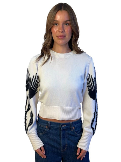 Chanel Cream/Black 2021 Cashmere Flower Sleeve Sweater. Size: 38