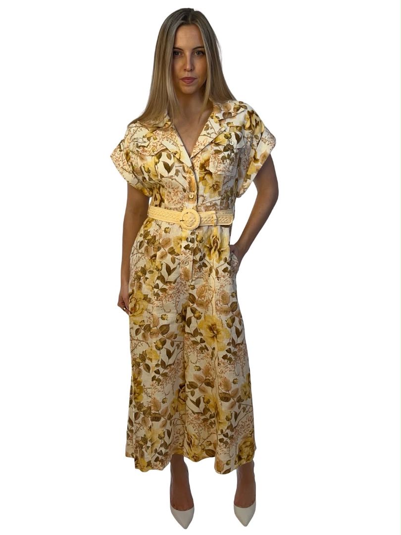 Zimmermann Yellow / Cream 'Rosa Roll Cuff' Floral Linen Jumpsuit W Belt. Size: 1