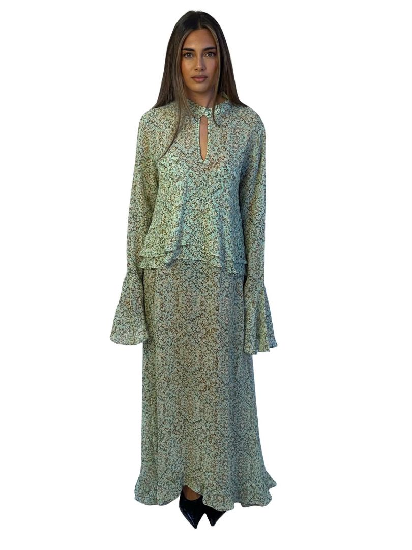 Birgitte Herskind Green / Yellow Floral Print Ruffle Overlay Dress. Size: L