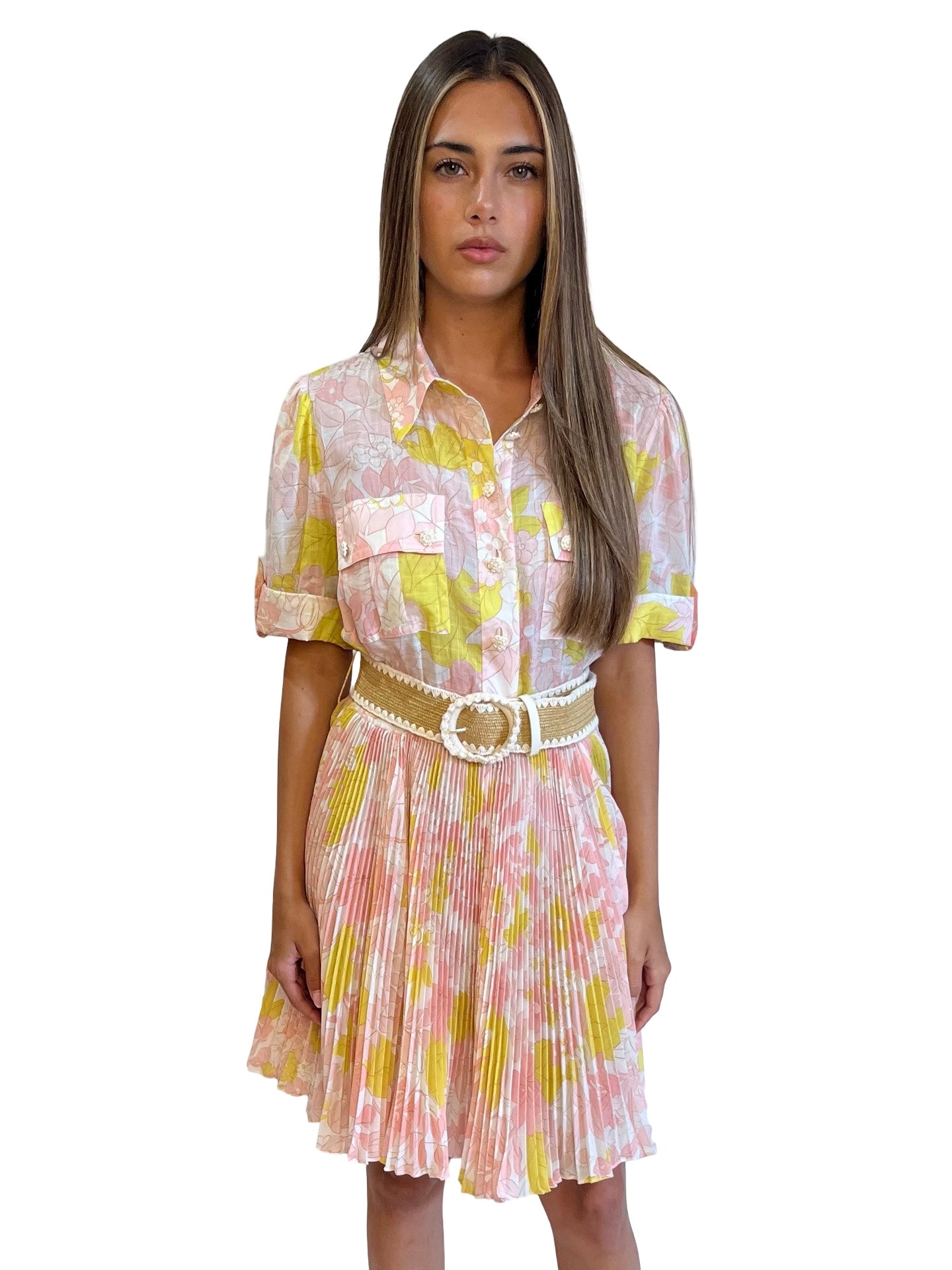Zimmermann Pink/Yellow Pop Pleated Floral Shirt Dress. Size: 3