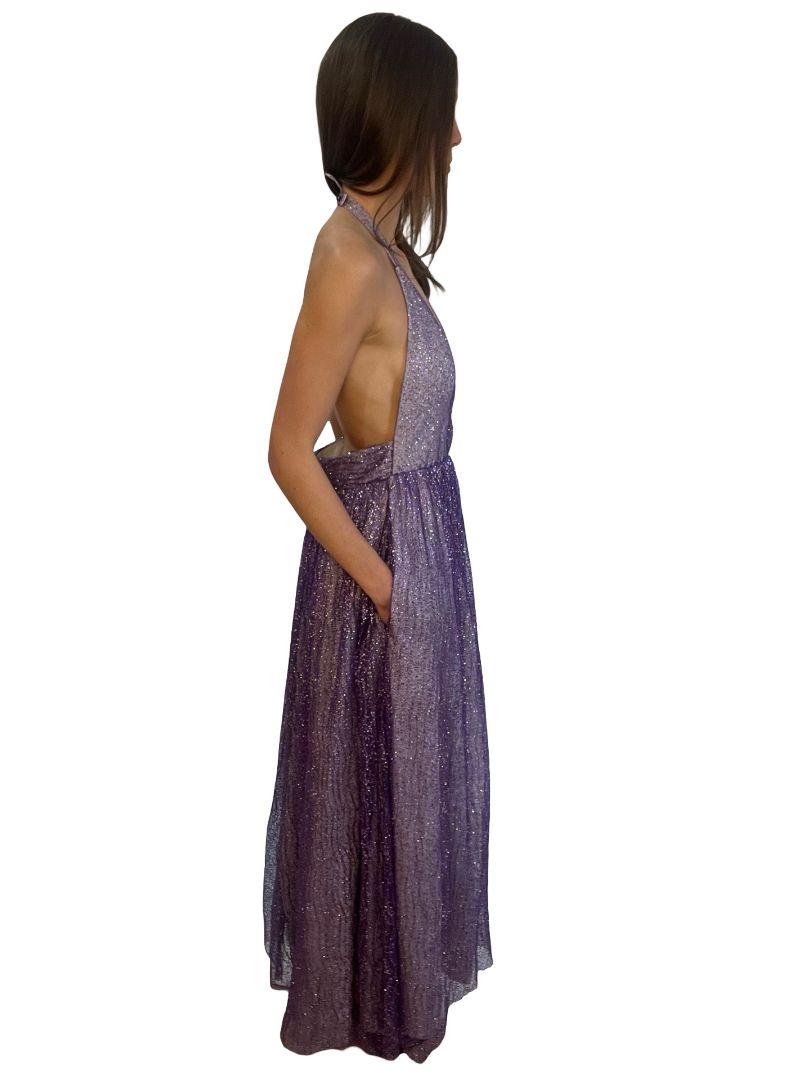 Scanlan Theodore Purple Tinsel Tulle Backless Halter Dress. Size: 10