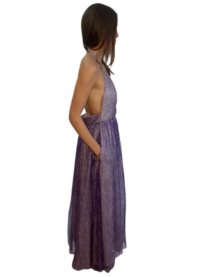 Scanlan Theodore Purple Tinsel Tulle Backless Halter Dress. Size: 10