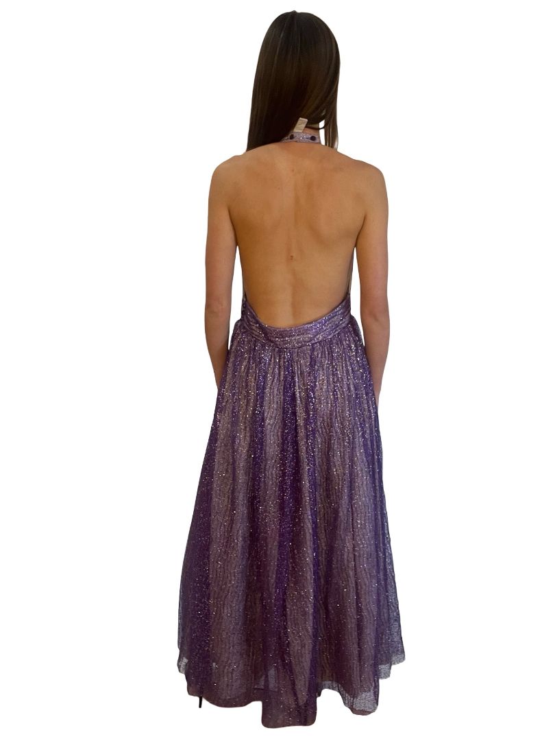Scanlan Theodore Purple Tinsel Tulle Backless Halter Dress. Size: 10
