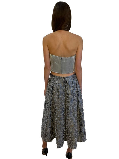 Scanlan Theodore Silver Metallic Puff Bustier Top / Skirt Set. Size: 12