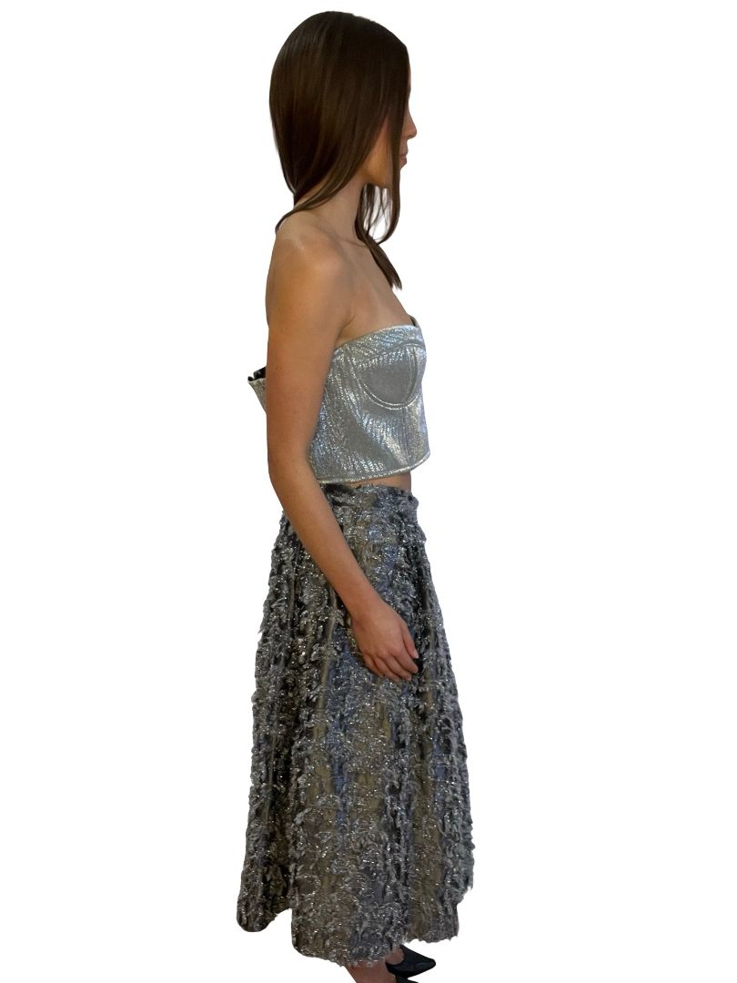 Scanlan Theodore Silver Metallic Puff Bustier Top / Skirt Set. Size: 12