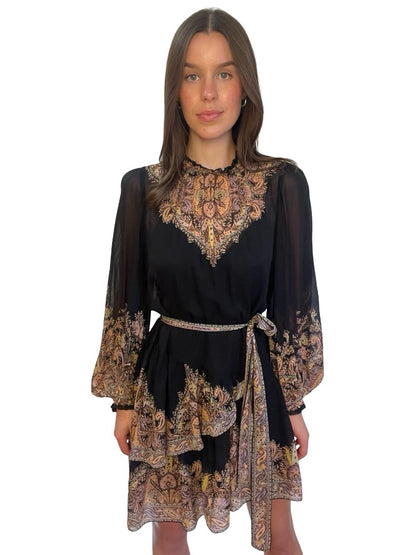 Zimmermann Black Tempo Paisley Tiered Mini. Size: 2