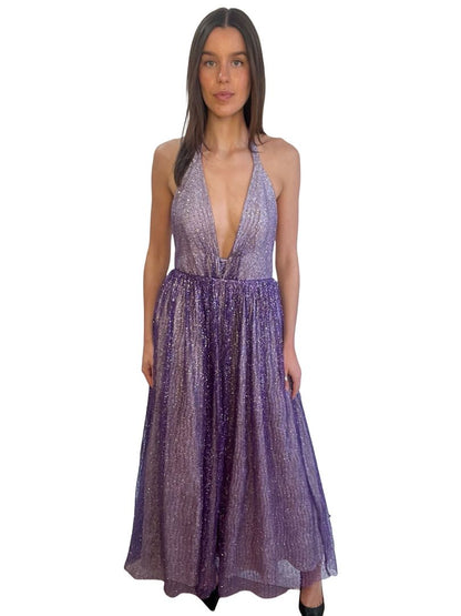 Scanlan Theodore Purple Tinsel Tulle Backless Halter Dress. Size: 10 As If Designer Recycle Scanlan Theodore Purple Tinsel Tulle Backless Halter Dress. Size: 10 As If Designer Recycle