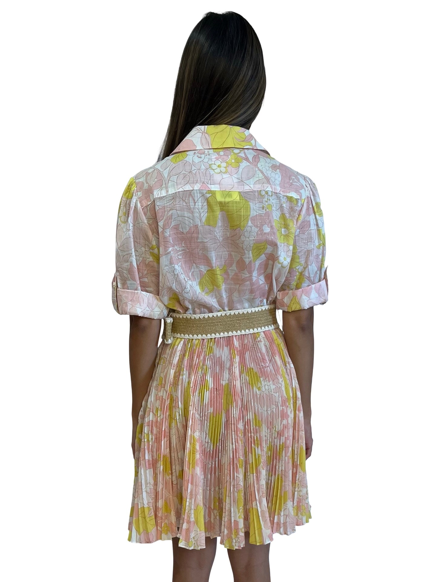 Zimmermann Pink/Yellow Pop Pleated Floral Shirt Dress. Size: 3