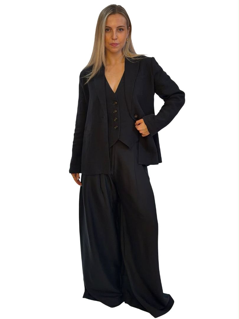 Husk Black Linen Vest / Blazer Set. Size: 10