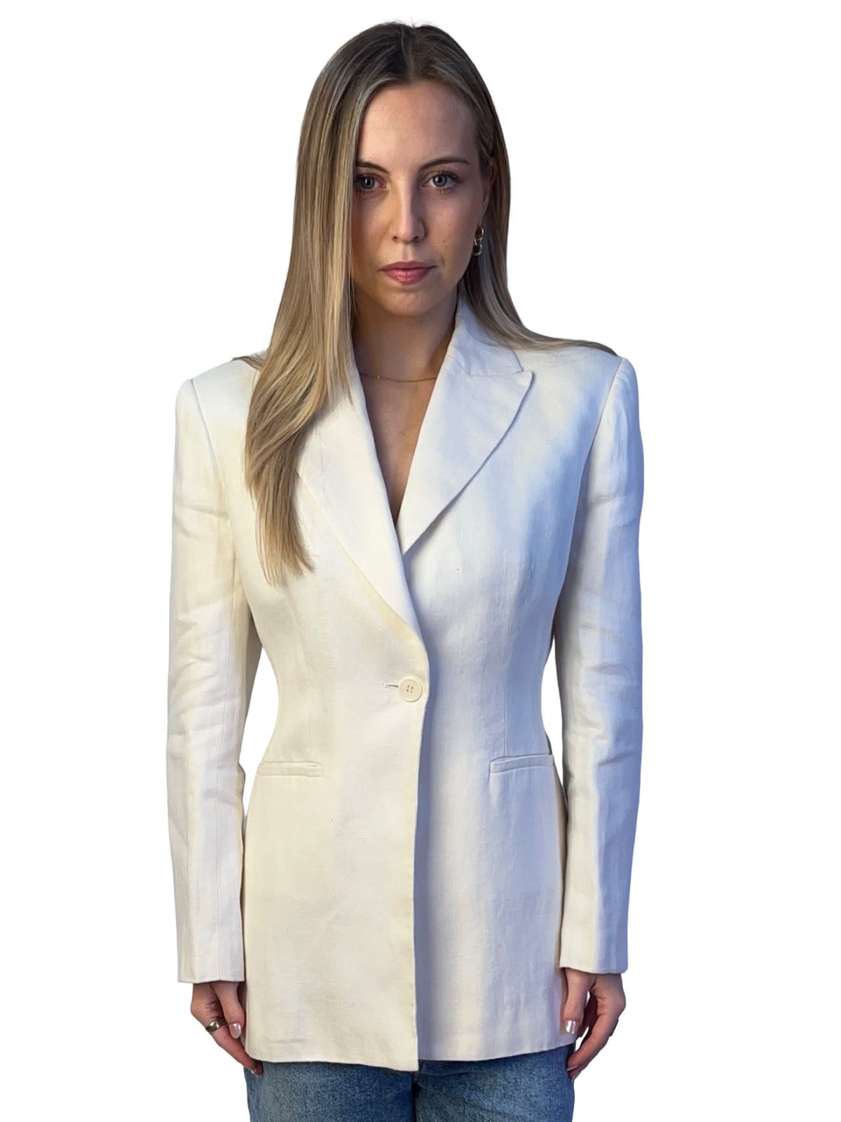 Scanlan Theodore White Single Breasted Linen Blazer. Size: 10