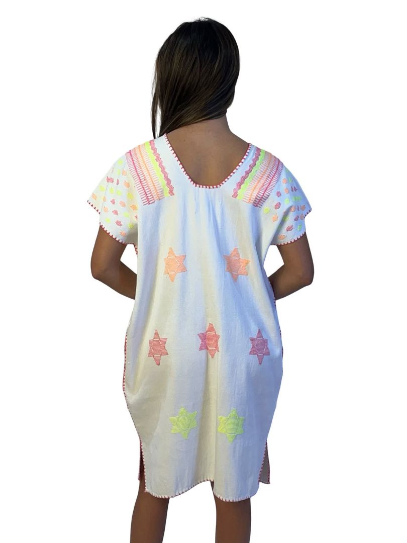 Pippa Holt White / Multi-Colour Star Embroidered Poncho. Size: OS