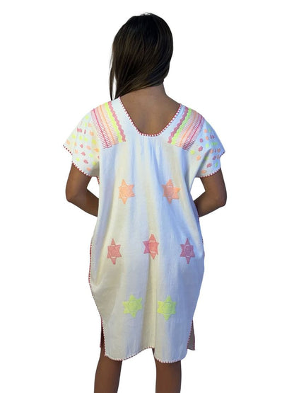 Pippa Holt White / Multi-Colour Star Embroidered Poncho. Size: OS