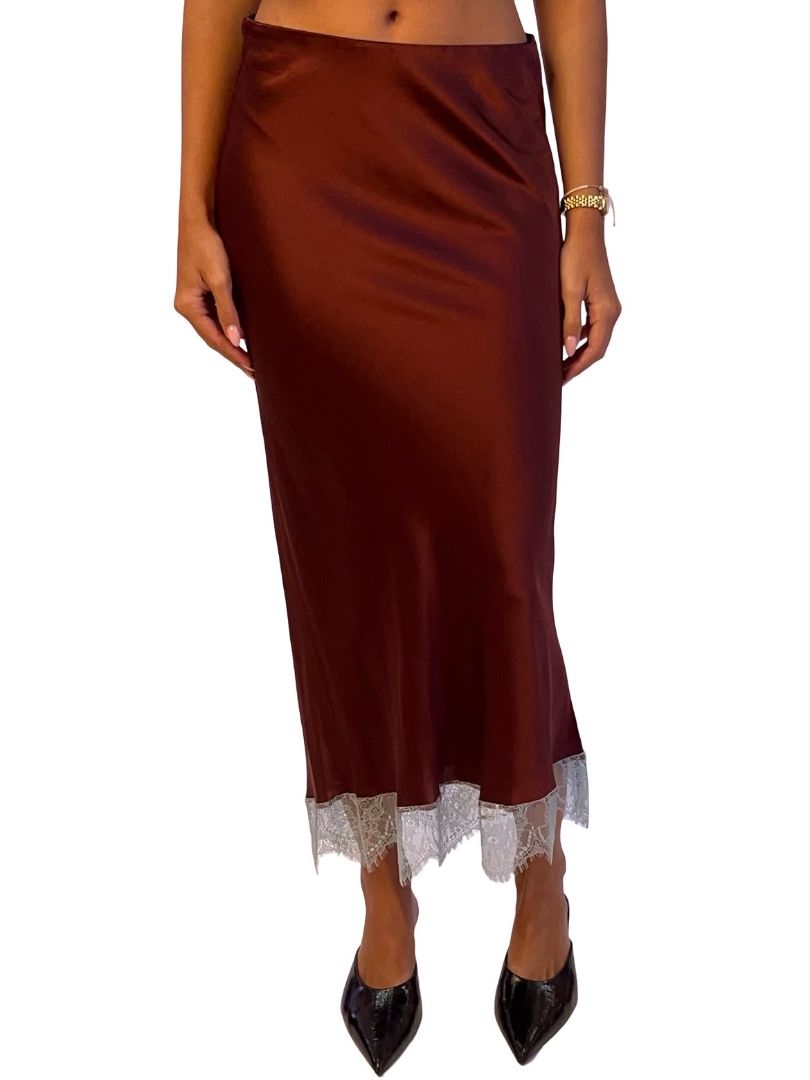 O.P On Parks Burgundy Silk Skirt w/ Blue Lace Hem. Size: S