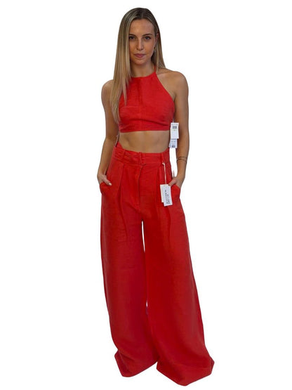 Matthew Bruch Red Coral Linen Halter Top / Pant Set. Size: 8-10