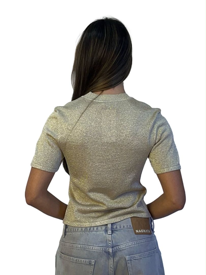 Scanlan Theodore Gold Metallic Sparkly Knit Tee. Size: M