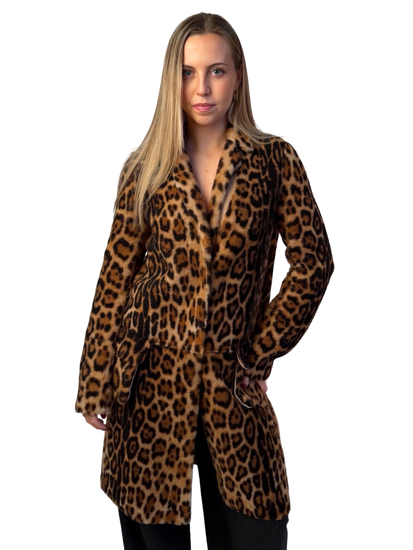 Yves Salomon Leopard Reversible Lamb Leather Coat. Size: 36