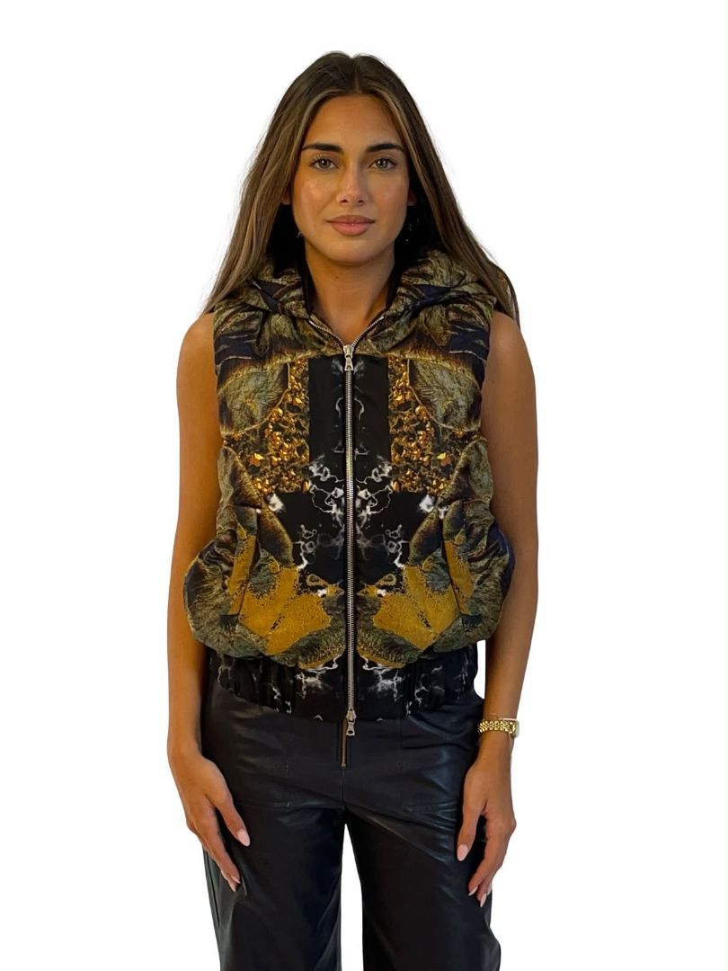 Josh Goot Green / Multi-Colour Silk Puffer Vest w Hood. Size: XS