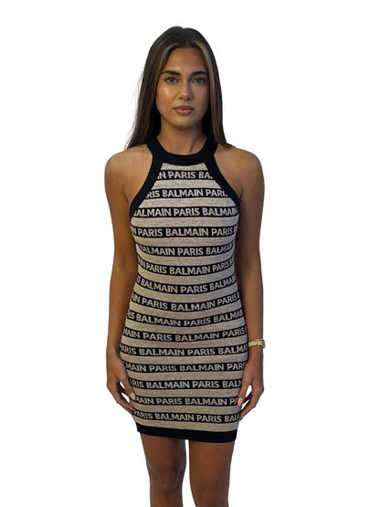 Balmain Beige / Black Halterneck Logo Embroidered Mini Dress. Size: 36