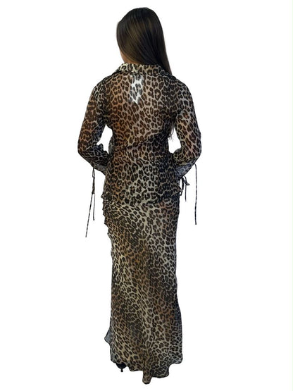 Ganni Beige Sheer Leopard Print Shirt & Skirt Set. Size: 36