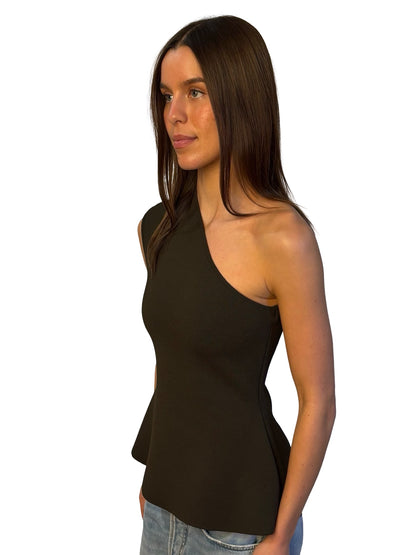 Scanlan Theodore Khaki Asymmetrical Shoulder Crepe Knit Tank. Size: M