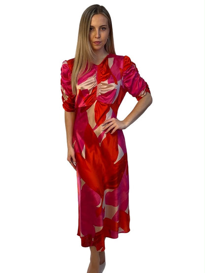 Husk Red / Pink Silk Print Dress w Ruching. Size: 14