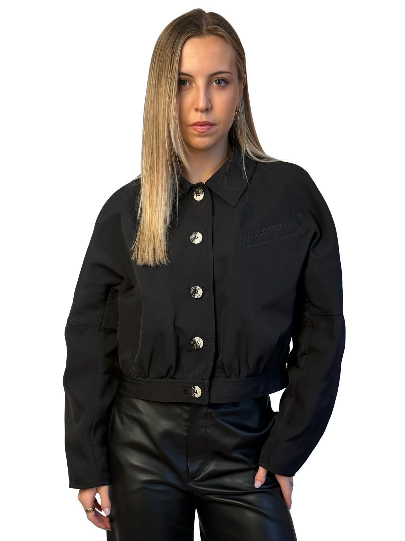 Ganni Black Cropped Bomber w/ Marbled Buttons. Size: 40