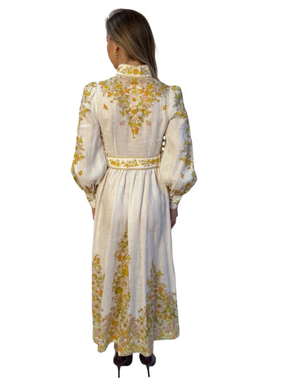 Zimmermann White/Multi 'Super Eight Tubular' Belted Linen Dress. Size: 0