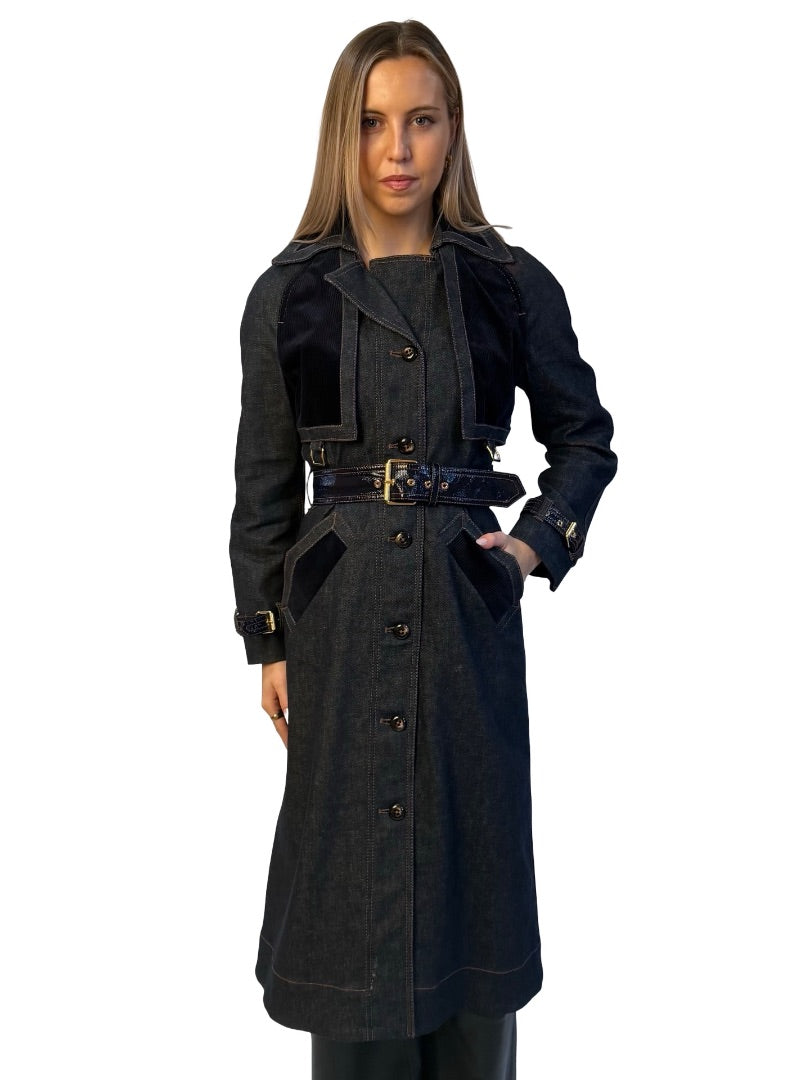 Zimmermann Indigo 'Spliced Denim / Cord Trench Coat W Belt. Size: 0