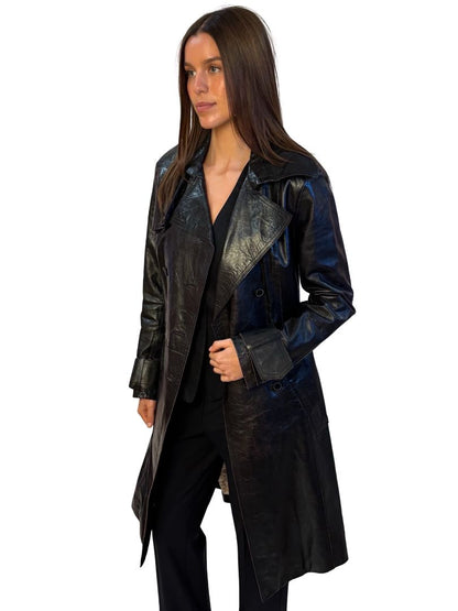 Patrizia Pepe Black Double Breasted Leather Belted Coat. Size: 44