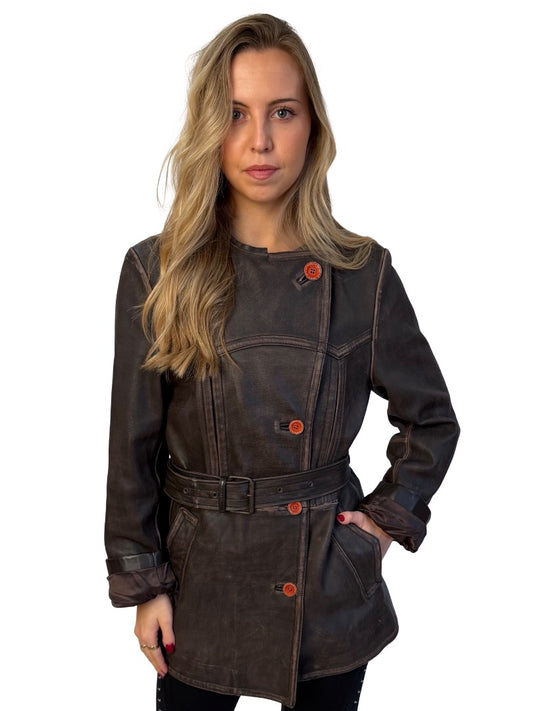 Acne Studios Brown Worn Effect Belted Leather Jacket. Size: 36