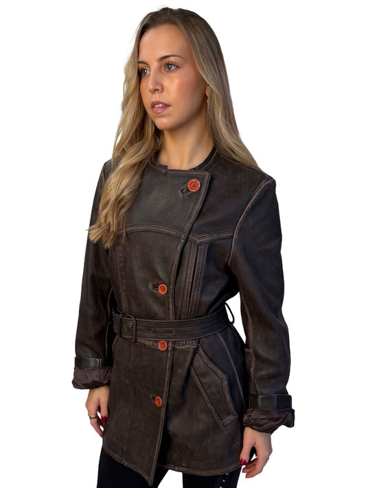 Acne Studios Brown Worn Effect Belted Leather Jacket. Size: 36