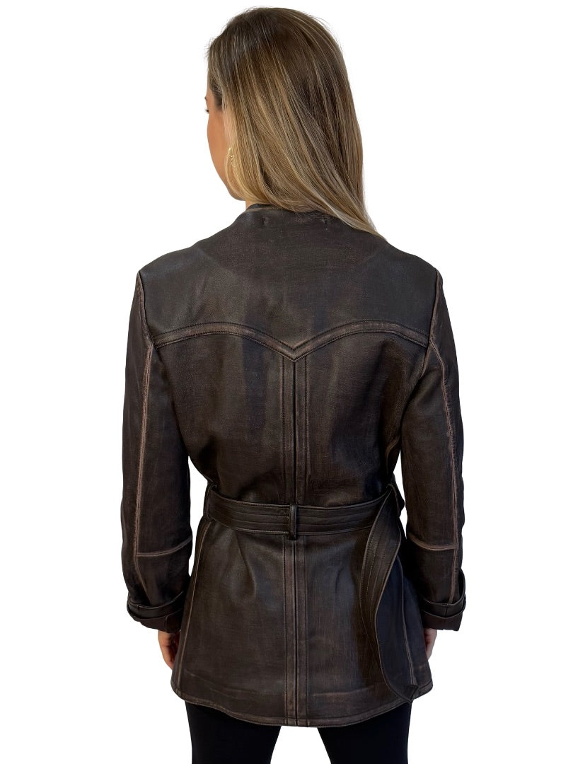 Acne Studios Brown Worn Effect Belted Leather Jacket. Size: 36