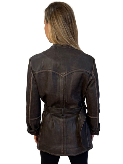 Acne Studios Brown Worn Effect Belted Leather Jacket. Size: 36