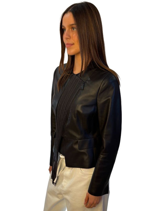 Akris Black Fringed Asymmetric Leather Jacket. Size: 42 F