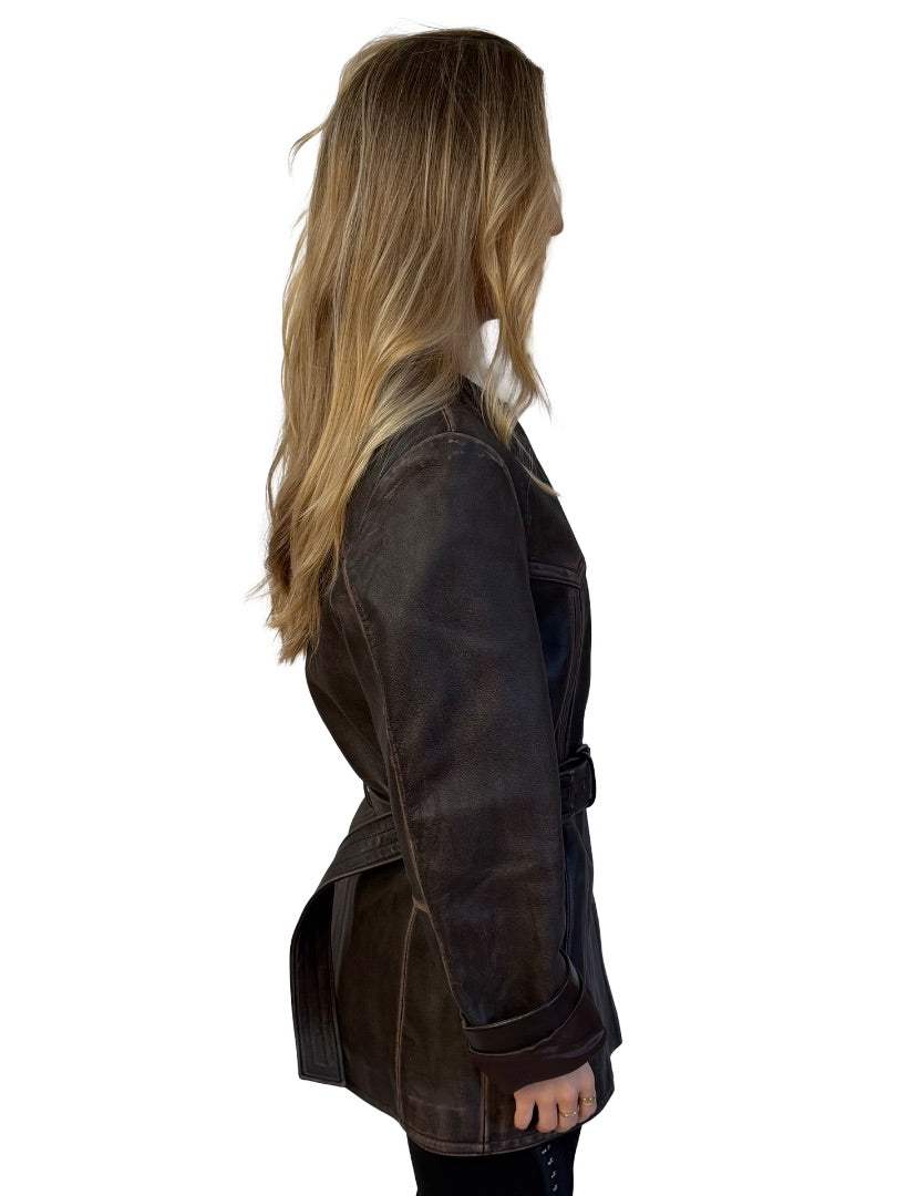 Acne Studios Brown Worn Effect Belted Leather Jacket. Size: 36