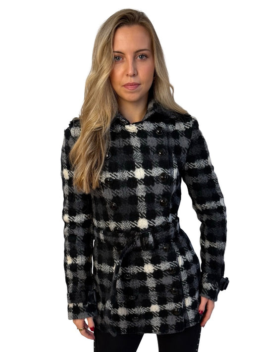Burberry Black / Grey / White Wool Double Breasted Check Blazer. Size: 6