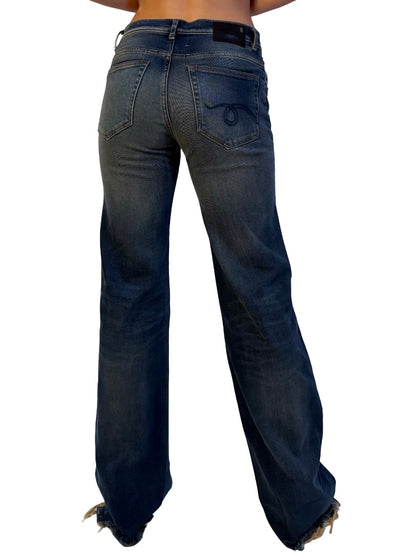 R13 Vintage Indigo Frayed Hem 'Jane' Straight Leg Jean. Size: 27