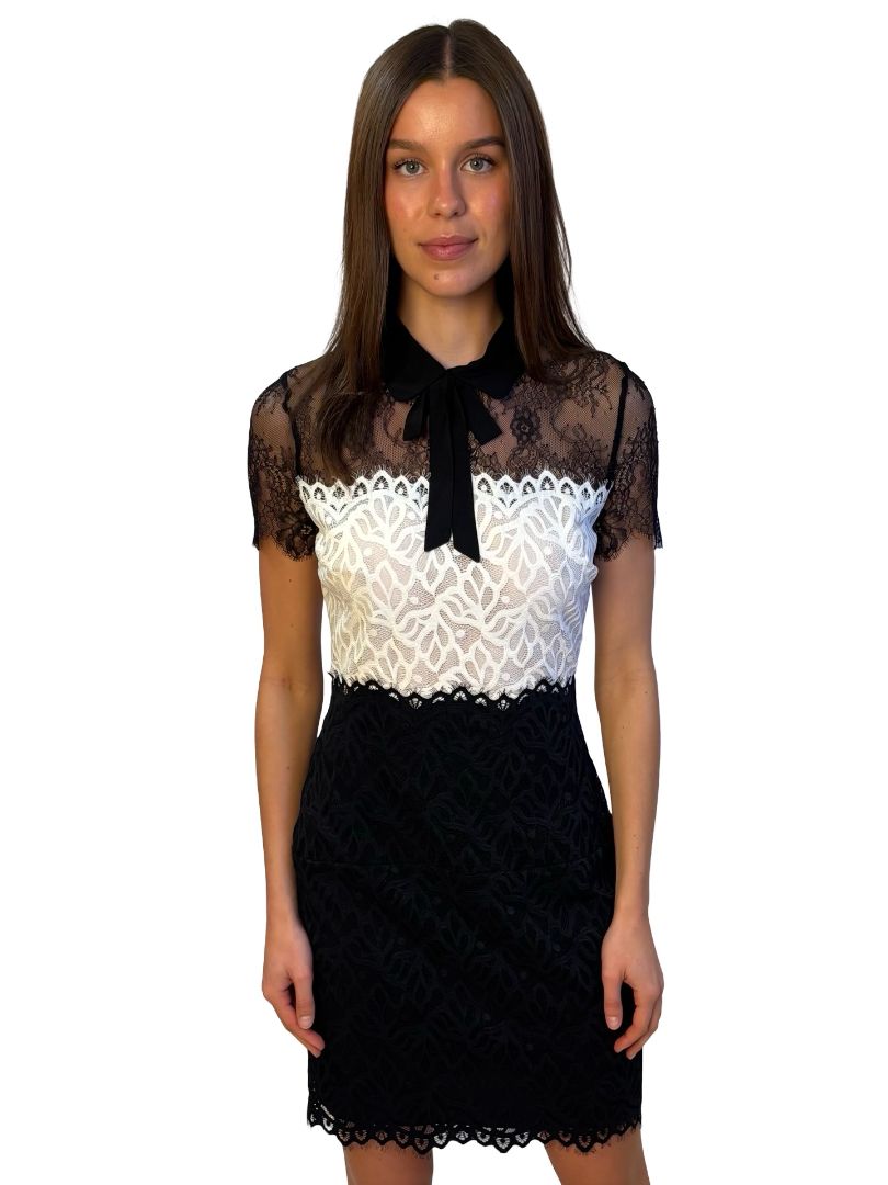 Sandro Black / White Lace Dress w/ Bow Collar. Size: M