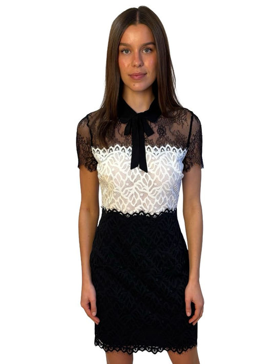 Sandro Black / White Lace Dress w/ Bow Collar. Size: M
