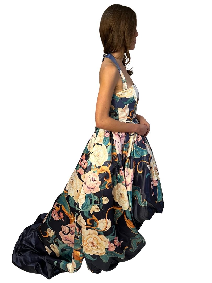 Leo Lin Blue 'Leanna' Gown in Adorn Virtue Print. Size: 8