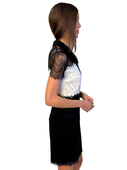 Sandro Black / White Lace Dress w/ Bow Collar. Size: M