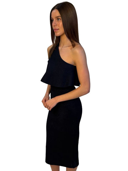 Scanlan Theodore Navy Metallic Crepe Knit One Shoulder Dress. Size: S