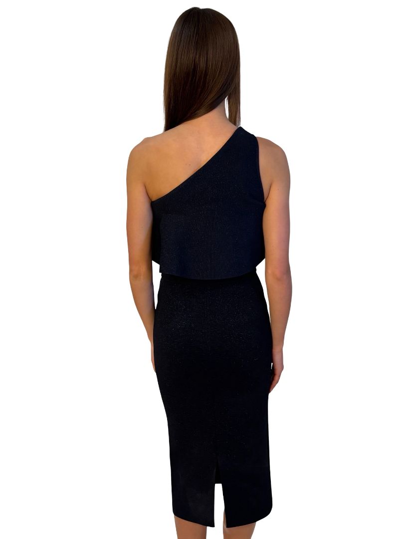 Scanlan Theodore Navy Metallic Crepe Knit One Shoulder Dress. Size: S