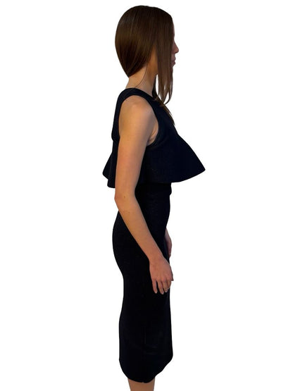 Scanlan Theodore Navy Metallic Crepe Knit One Shoulder Dress. Size: S