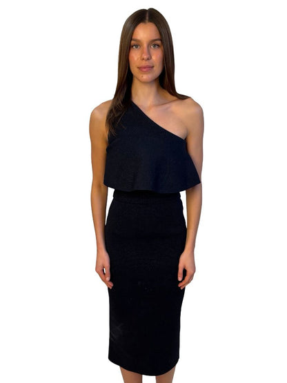 Scanlan Theodore Navy Metallic Crepe Knit One Shoulder Dress. Size: S
