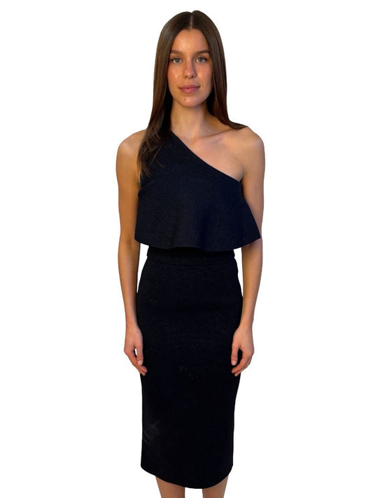 Scanlan Theodore Navy Metallic Crepe Knit One Shoulder Dress. Size: S