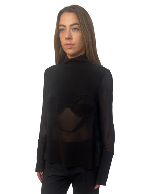 Dion Lee Black Sculpted Chest Sheer Turtle Neck. Size: 12