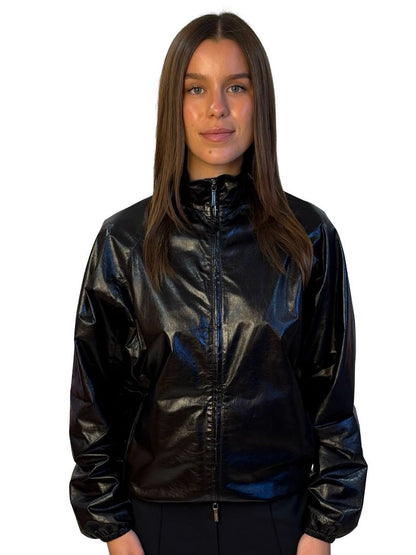 Jil Sander Black Shiny Leather Zip Up Jacket. Size: 36
