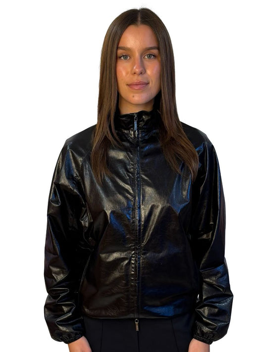 Jil Sander Black Shiny Leather Zip Up Jacket. Size: 36