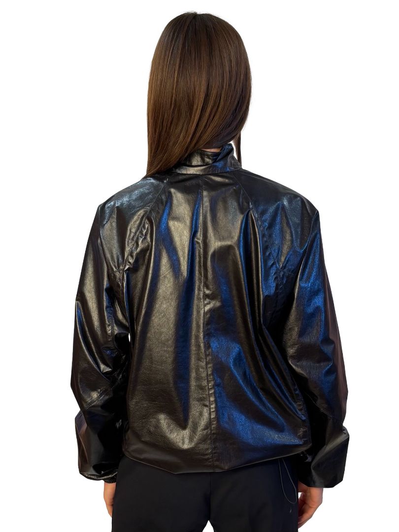 Jil Sander Black Shiny Leather Zip Up Jacket. Size: 36